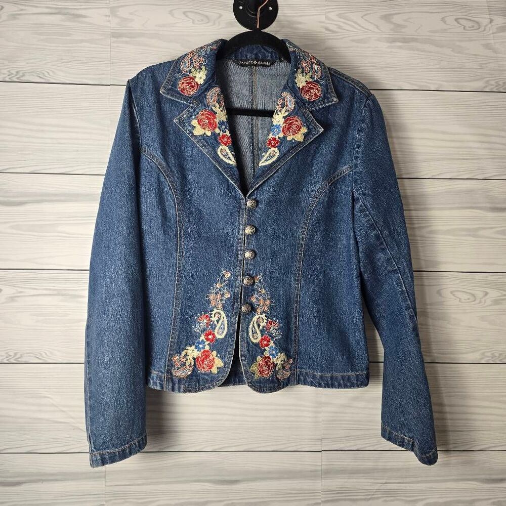 Gordon James Vintage Y2K Floral Paisley Embroidered Jean Denim Jacket Large Retr
